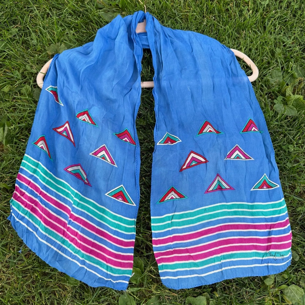 Cheryl Tiegs Scarf OS Blue Silk Geometric Triangle Stripe Vintage Japan